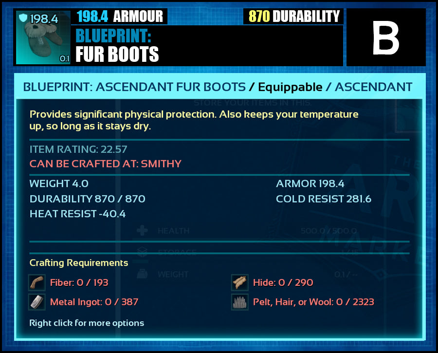 Blueprint: 198.4 Fur Armour - Top Armour Rating - The Ark Market