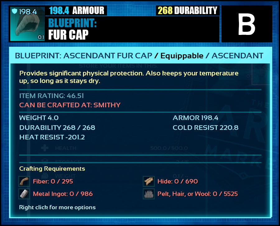 Blueprint: 198.4 Fur Armour - Top Armour Rating - The Ark Market