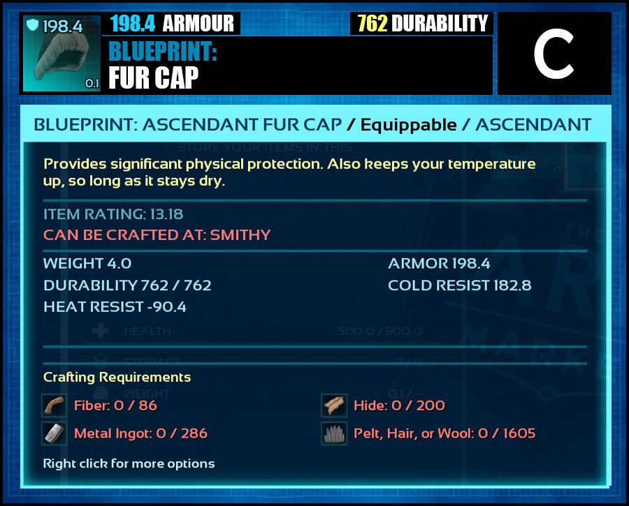 Blueprint: 198.4 Fur Armour - Top Armour Rating - The Ark Market