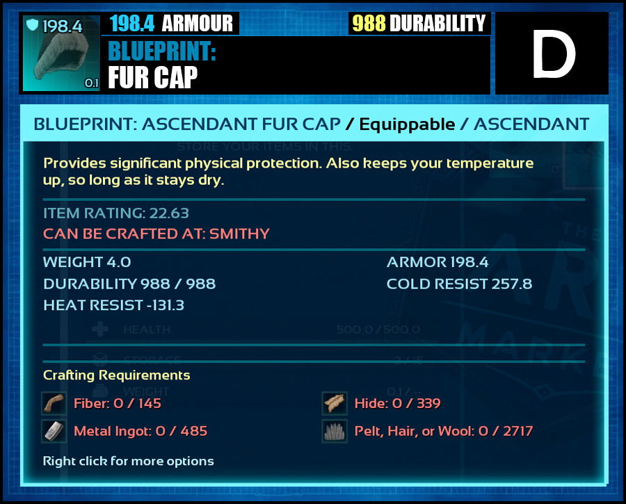 Blueprint: 198.4 Fur Armour - Top Armour Rating - The Ark Market