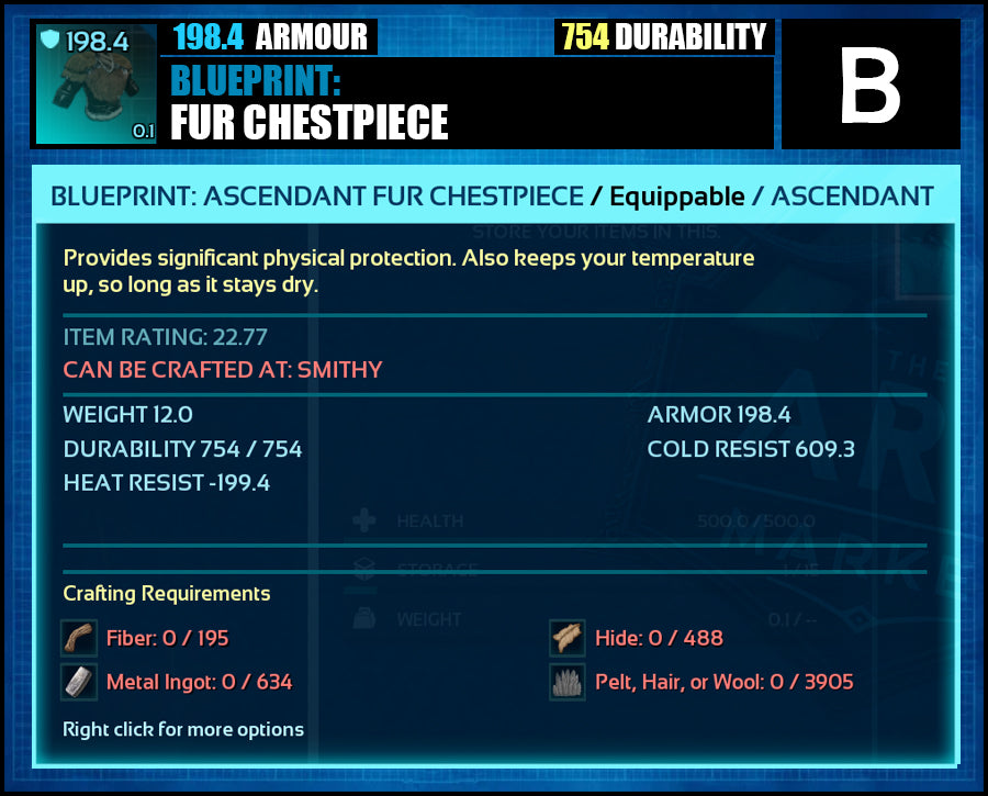 Blueprint: 198.4 Fur Armour - Top Armour Rating - The Ark Market
