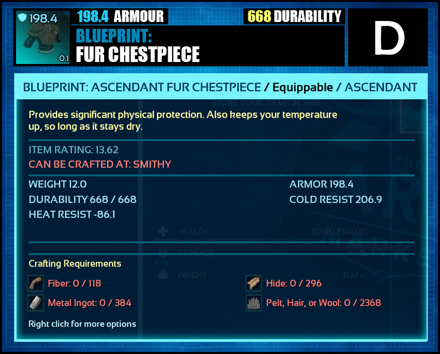 Blueprint: 198.4 Fur Armour - Top Armour Rating - The Ark Market