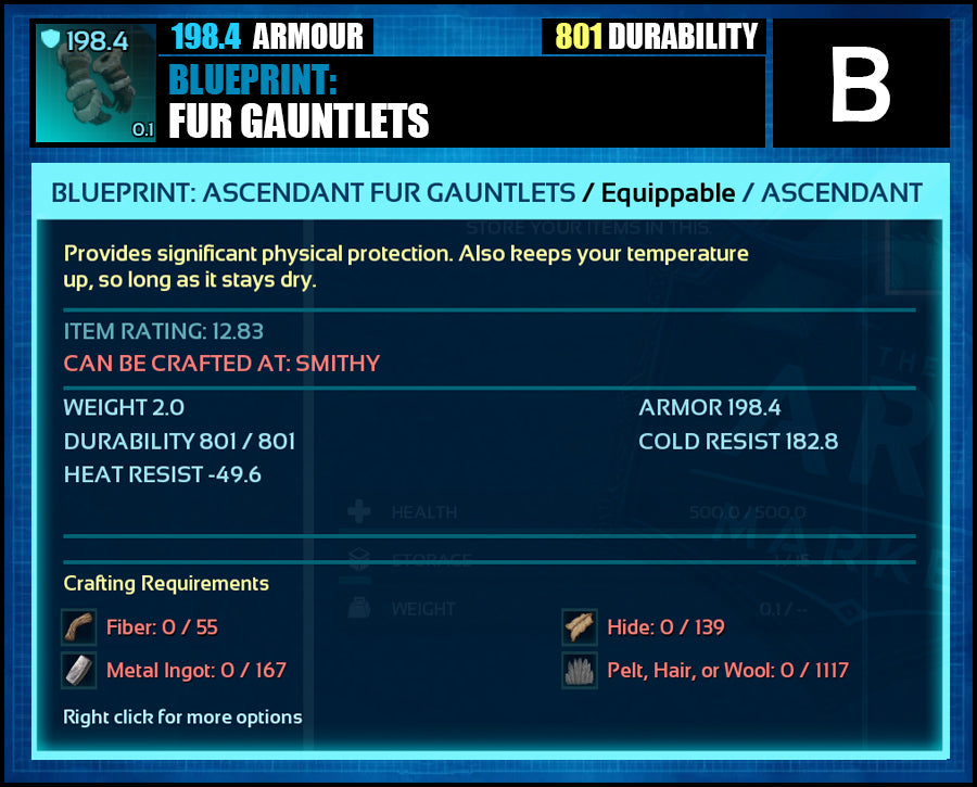 Blueprint: 198.4 Fur Armour - Top Armour Rating - The Ark Market