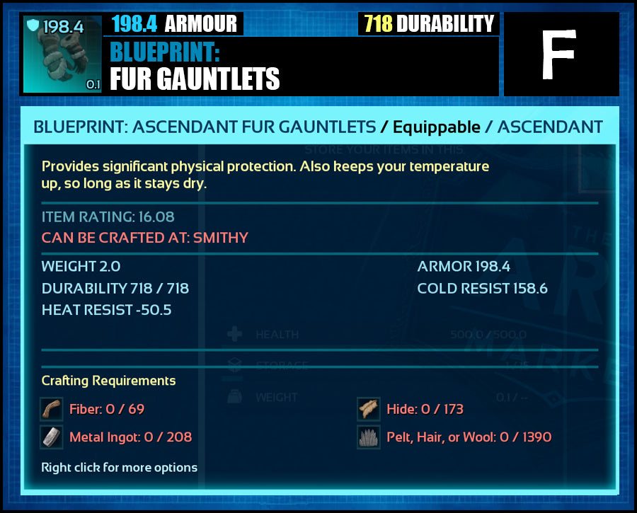 Blueprint: 198.4 Fur Armour - Top Armour Rating - The Ark Market