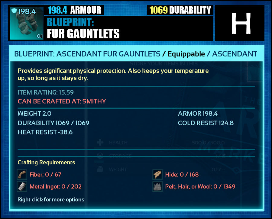 Blueprint: 198.4 Fur Armour - Top Armour Rating - The Ark Market