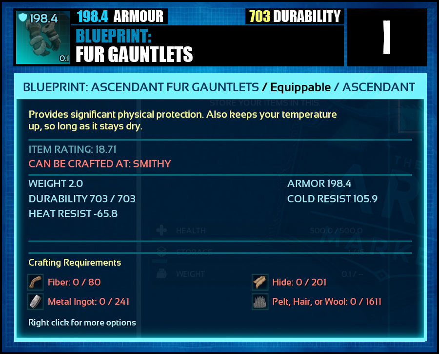 Blueprint: 198.4 Fur Armour - Top Armour Rating - The Ark Market