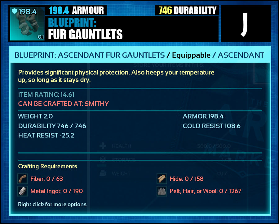 Blueprint: 198.4 Fur Armour - Top Armour Rating - The Ark Market