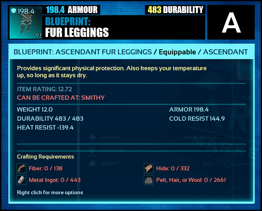 Blueprint: 198.4 Fur Armour - Top Armour Rating - The Ark Market