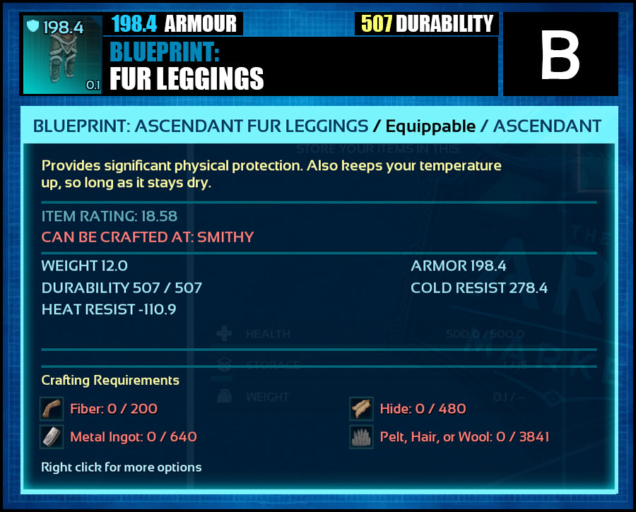 Blueprint: 198.4 Fur Armour - Top Armour Rating - The Ark Market