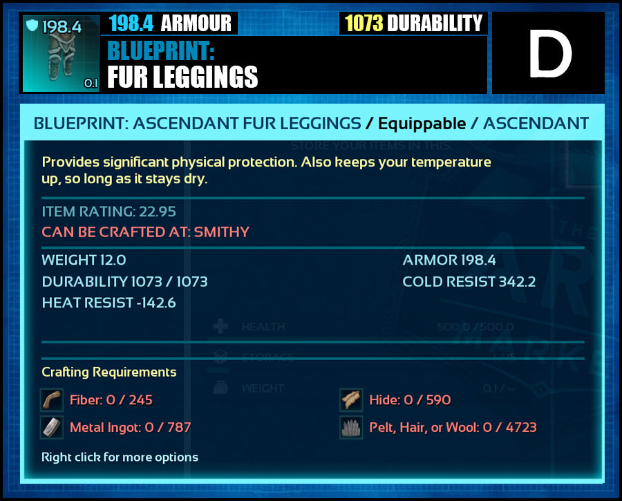 Blueprint: 198.4 Fur Armour - Top Armour Rating - The Ark Market