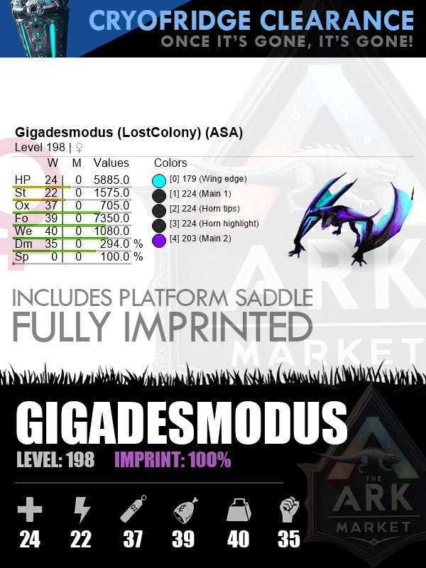 ♀️Gigadesmodus | Lvl198 | 100% Imprinted - Includes Platform Saddle