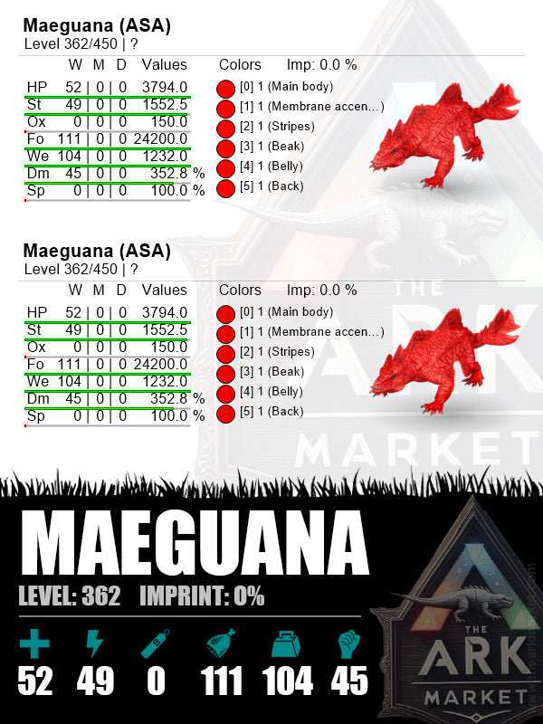 Maeguana | Lvl362 | 01-Red / 32-Dino Light Brown - The Ark Market