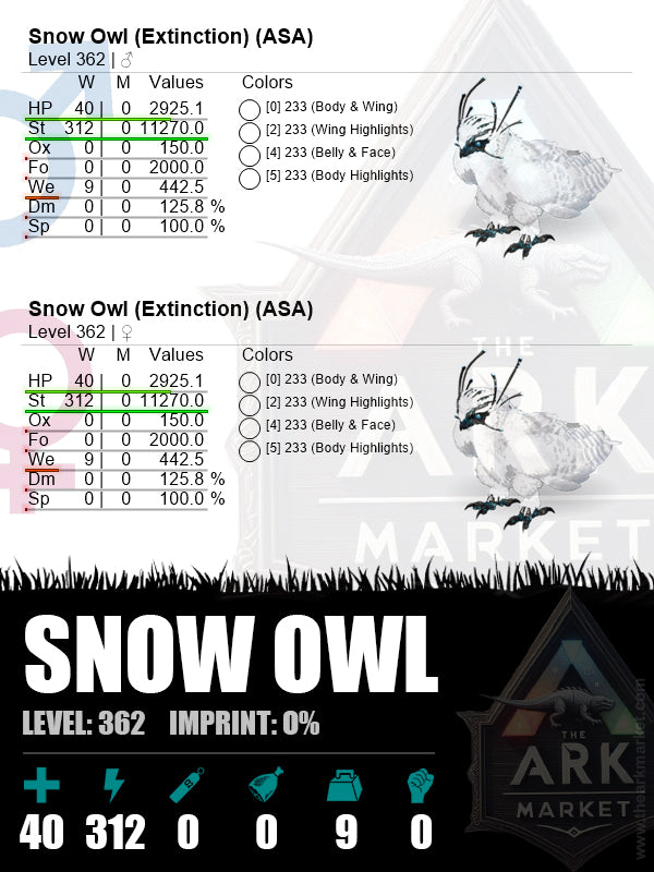 ⭐️ Snow Owl | Lvl362 | HP: 2925.1 (40) / St: 11270 (312)