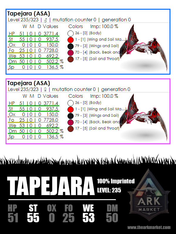 Level 235 Tapejara dinosaur stats and colors from Ark Survival Ascended, with 100% imprint