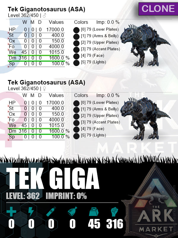Tek Giga | Lvl362 | WE: 1015 (45) / DM: 1600% (316) - The Ark Market
