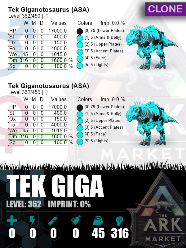 Tek Giga | Lvl362 | WE: 1015 (45) / DM: 1600% (316) - The Ark Market